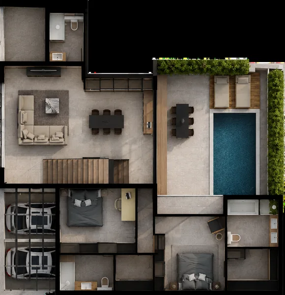 First-floor plan of the permitted building in Agia Trias: living and dining room and master bedroom of Unit 3