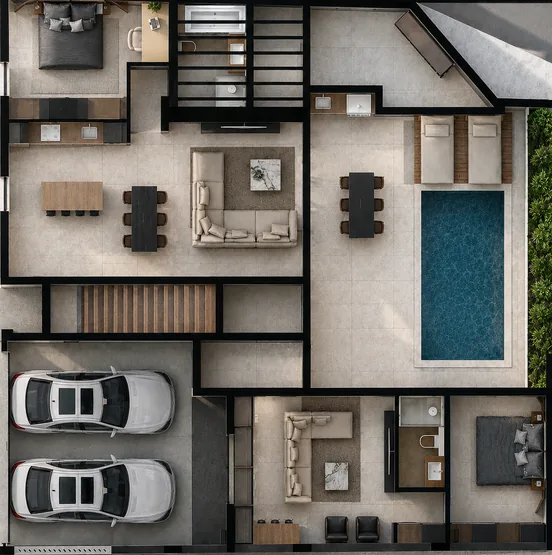 Ground-floor plan of the permitted building in Agia Trias: two apartments, shared pool and two covered parking spaces