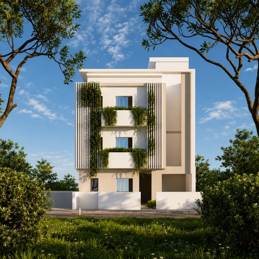 Front elevation of Babylon Residence framed by trees