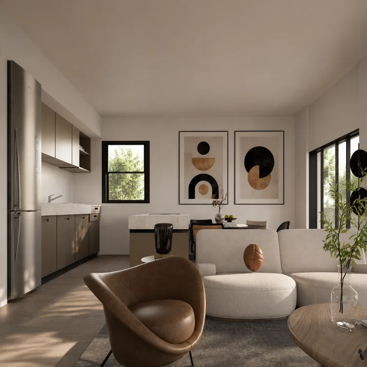 Open kitchen and living area inside a Babylon Residence apartment