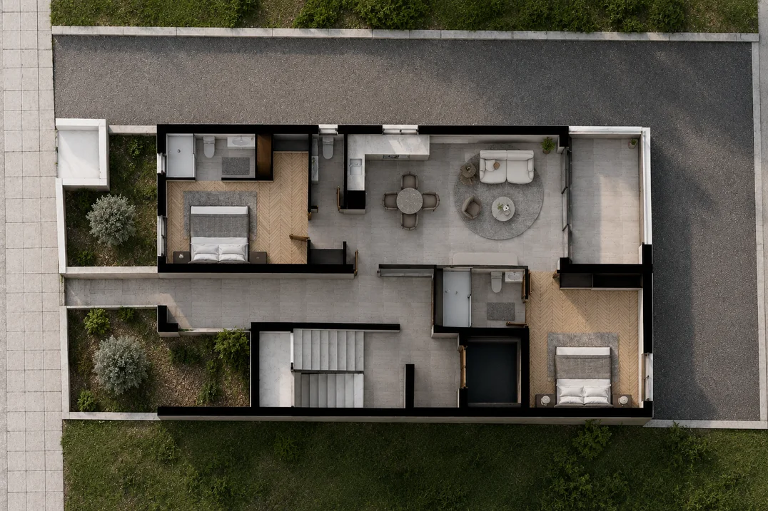 Ground-floor plan of Babylon Residence: open living area, two ensuite bedrooms and a covered veranda