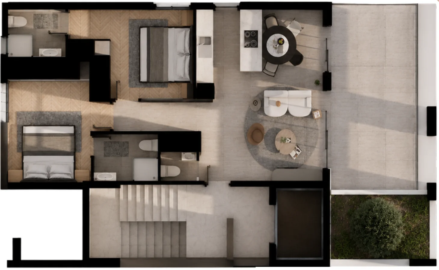Upper-floor plan of Babylon Residence: open living area, two ensuite bedrooms and a 20 sqm veranda