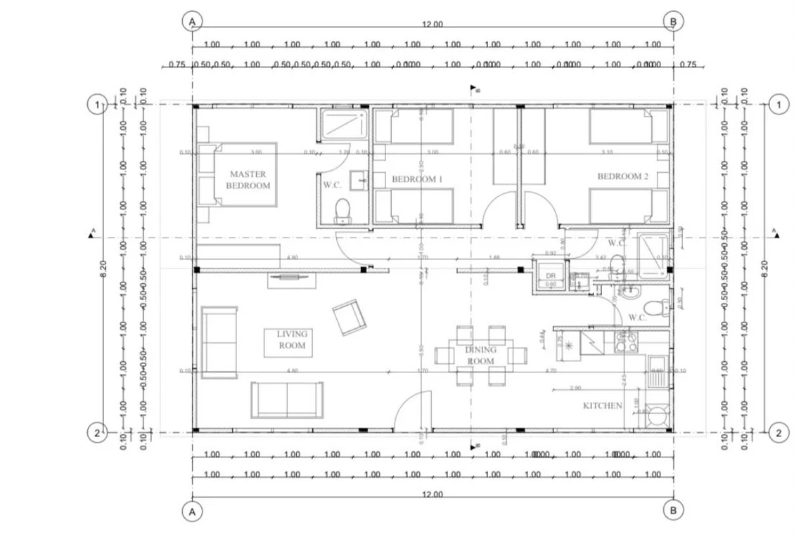 Floor plan of one Monagrouli house, 12 × 8.20 m: master bedroom with en-suite W.C., two bedrooms, living room, dining room and kitchen