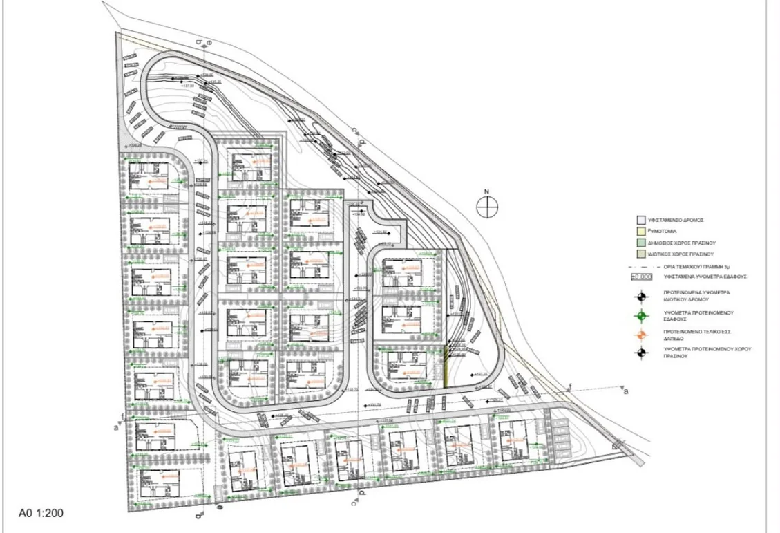 Site plan of the Monagrouli land: 25 house plots, internal roads and green spaces